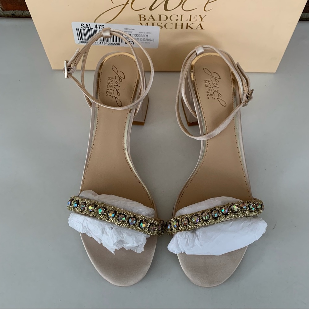 Jewel Badgley Mischka Womens Odonna Evening Sandals DARK BEIGE Block Heel US 8 M - Picture 4 of 9